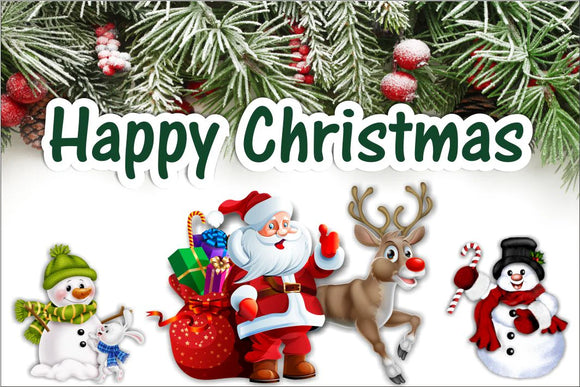 Happy Christmas Santa, Reindeer & Snowman Flag