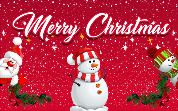 Christmas-themed graphic with snowman, Santa Claus, and festive text on a red background
