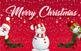 Christmas-themed graphic with snowman, Santa Claus, and festive text on a red background